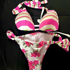 Pink white and green bikini